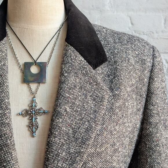 Vintage Gray Wool Blazer Tweed Herringbone Preppy Minimalist Velvet Jacket Large - Picture 6 of 10